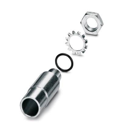 Metaldykkert med gevind og ledningsring, ledsaget af en underlagsskive og en møtrik, arrangeret i eksplosionstegning.