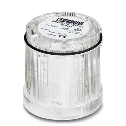 En transparent LED-signalgiver i cylinderform med produktmærkning og CE-mærkning på oversiden.