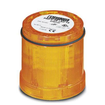 Et orange, cylinderformet LED-advarselslys med produktoplysninger på oversiden. Certifikater og spændingsangivelse er synlige.