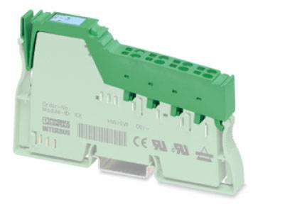 Elektronisk modul med grøn kabinet, fotograferet fra siden. Påskrifter angiver model- og serienummer samt certificeringssymboler.