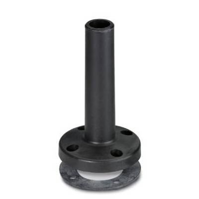 Et sort, cylindrisk rør med flange og fire huller ved basis. Egnet til industrielle anvendelser eller rørforbindelser.
