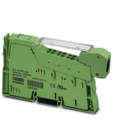 Grøn elektronisk komponent med tilslutninger og mærkninger. Modelnummer 'IB IL AI 2/SF-230'.
