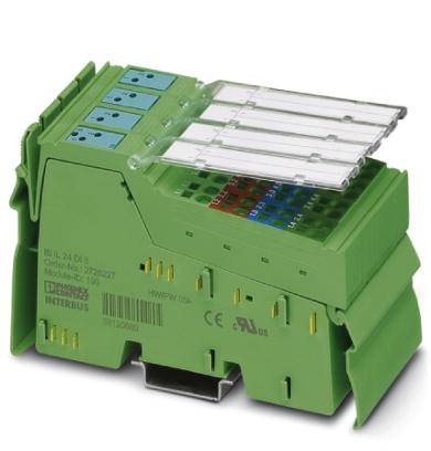 En grøn elektronisk komponent med tilslutninger og transparente dæksler, sandsynligvis en del af et kontrolskab.