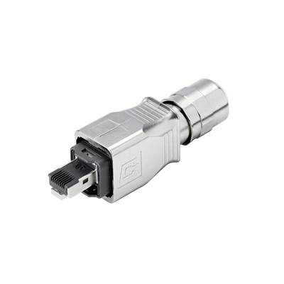 Lampeenhedsstik med RJ45-stik, kompakt og metallisk formet, velegnet til netværkskabelforbindelser.