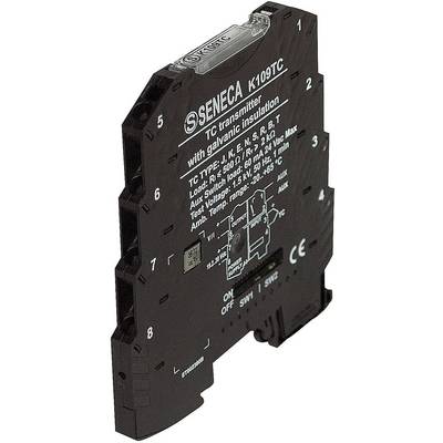 Temperaturtransmitter med galvanisk adskillelse, model 'Seneca K109TC', viser forbindelsesdiagram og tekniske data øverst på frontpladen.