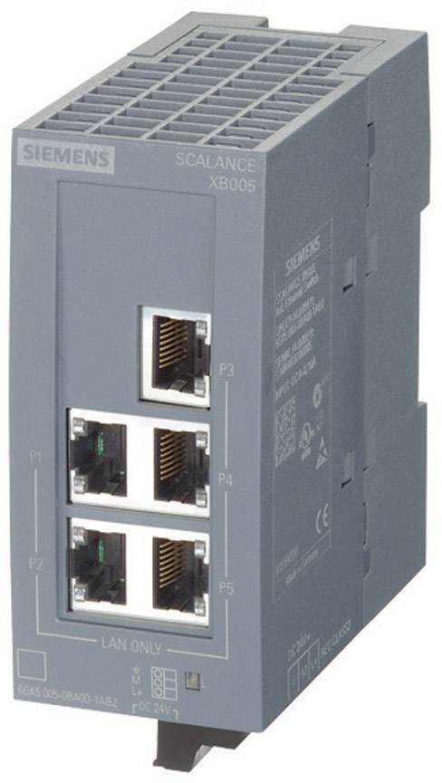 En grå netværksswitch fra Siemens, model Scalance XB005, med fem Ethernet-porte på forsiden.