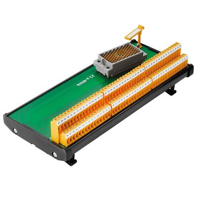 Monteringsvenligt interfacepanel med påskrift 'Frontplate'. Indeholder gule og orange klemmelister, integreret stikforbindelse.