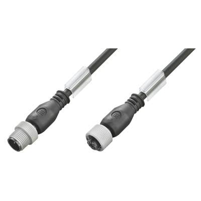 'To sorte M12-stikforbindere på et kabel, én med hunstik, én med hanstik, til industriel anvendelse.'