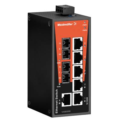 Industriel Ethernet-switch med otte porte, hvoraf to er optiske. Sort-orange kabinet med Weidmüller-logo.
