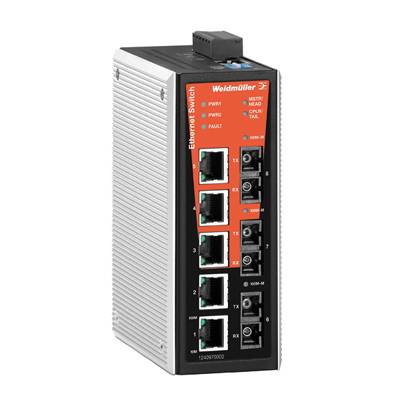 En industriel Ethernet-switch fra Weidmüller med flere netværkstilslutninger, LED-indikatorer for status og funktionalitet.