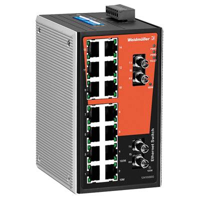 En Ethernet-switch med flere RJ45-porte og LED-indikatorer til netværksforbindelsen. Modelnavn og producent øverst.