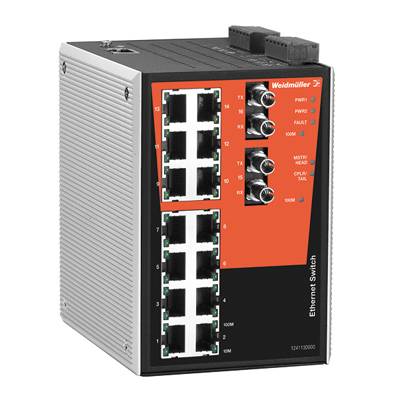 En Ethernet-switch fra Weidmüller med 16 porte, statuslamper og et sort design med røde accenter.