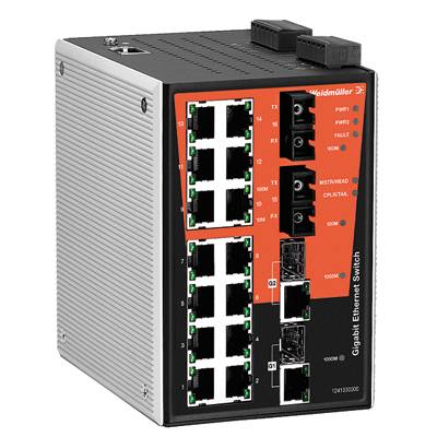 En sølvfarvet, rektangulær Gigabit Ethernet switch med flere Ethernet-porte og LED-indikatorer på forsiden.