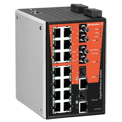 En Gigabit Ethernet-switch fra Weidmüller med 16 porte og LED-statusvisninger, beregnet til industrielle netværk.