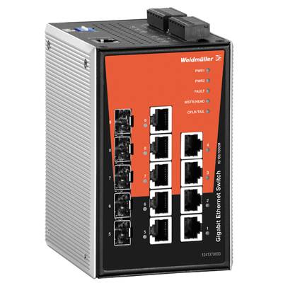 Industriel Gigabit Ethernet-switch med ti porte, to optiske porte øverst; robust metalkabinet, kompakt design velegnet til tavler.