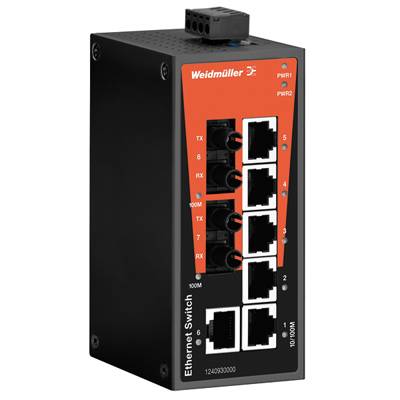 En industriel Ethernet-switch fra Weidmüller med flere RJ-45-porte til datafordeling i netværk.