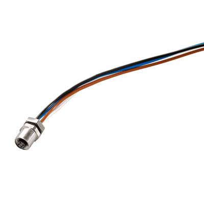 En elektrisk stik med fem ledere i forskellige farver er vist. Stikket er cylinderformet med et metalkappe.