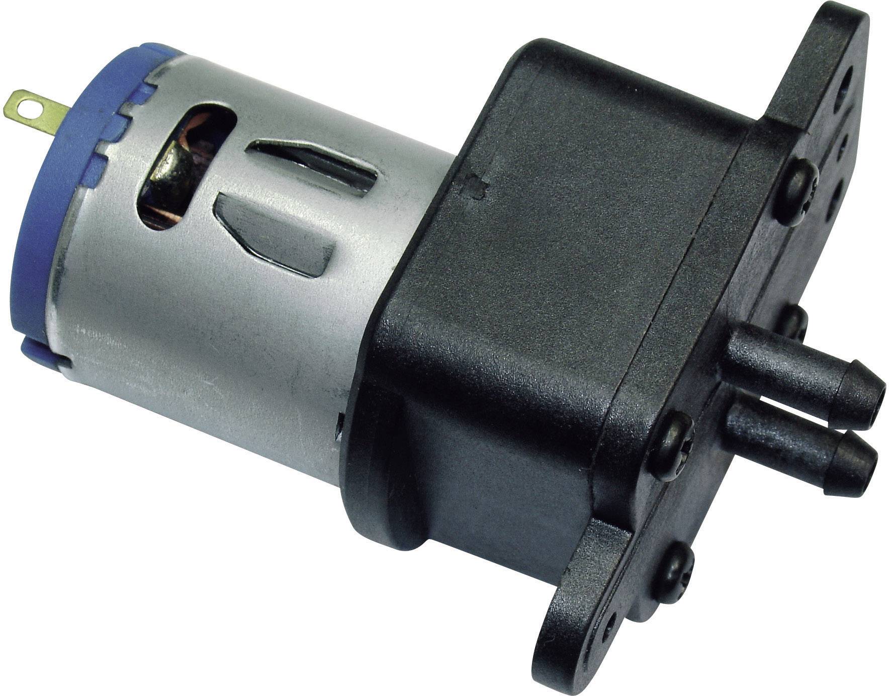En lille elektrisk motor med en plastkappe og to korte, fremstående dyser. Motoren synes at være designet til pumpefunktioner.