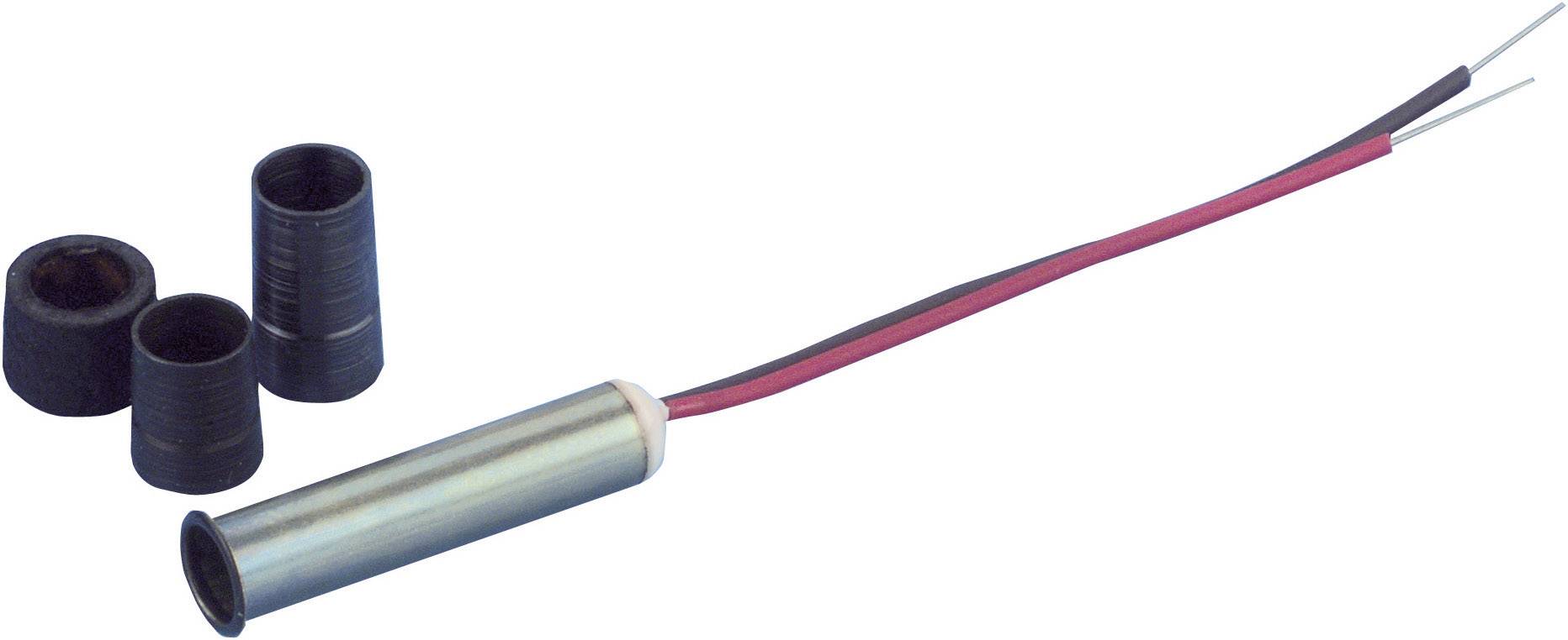 En cylindrisk metalmagnet med to ledninger i den ene ende, ved siden af ligger tre sorte plastikdæksler.