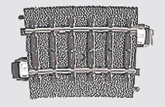En modelbaneskinner med detaljeret struktur og to skinnespor. Den forbinder forskellige skinnesektioner i modelbyggeri.