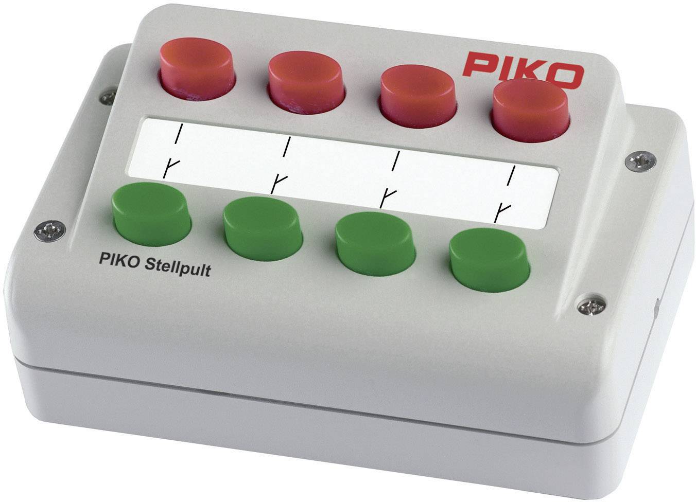 Grå-hvid betjeningspult med seks farvede knapper, tre røde og tre grønne. Påskriften 'PIKO Betjeningspult' er synlig.