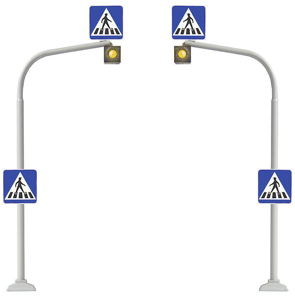 Vejtrafikken med to fodgængertrafiksignaler og fodgængerovergangsskilte.