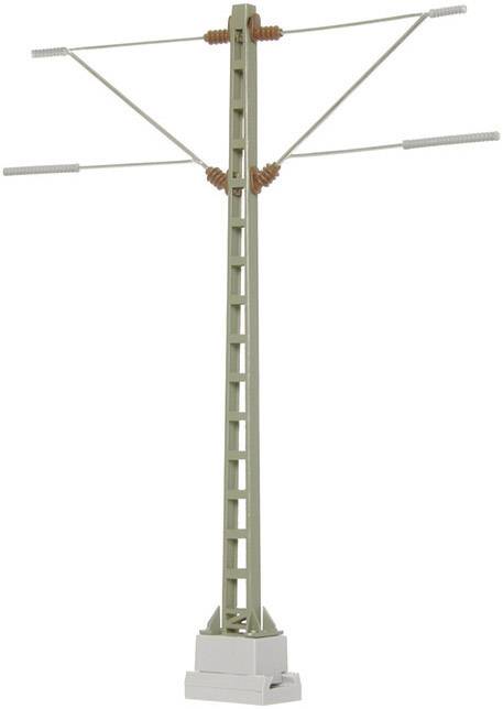 En model af en elektrisk el-mast med isolatorer og ledninger, monteret på en sokkel.