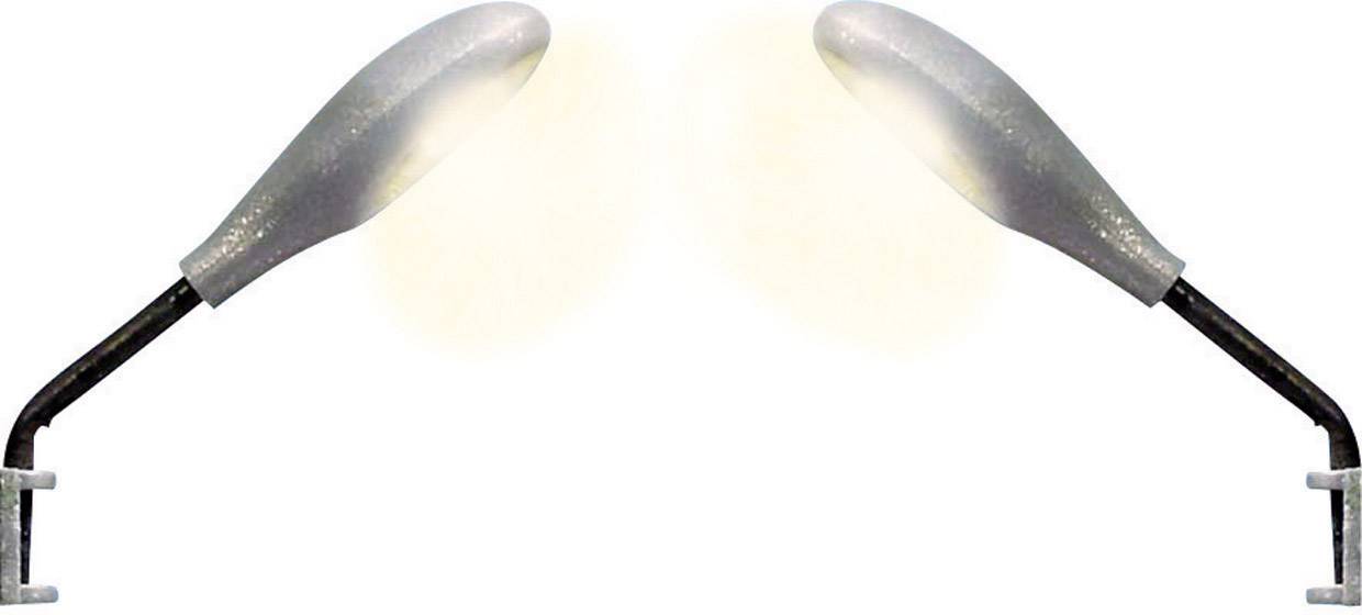 To gråe lamper med buede arme lyser med varmt lys.