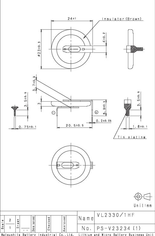 Teknisk tegning af en isolator med mål i millimeter. Øverst: Oversigt, sidevisning og detaljeret visning af en skrue. Nederst: Modelnavn og -nummer.