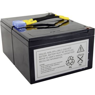 'Forseglet, vedligeholdelsesfri blysyre-batteri' står der på etiketten. Batteriet har kabler med blå og gule stik. Der er ligeledes advarselshenvisninger til stede.