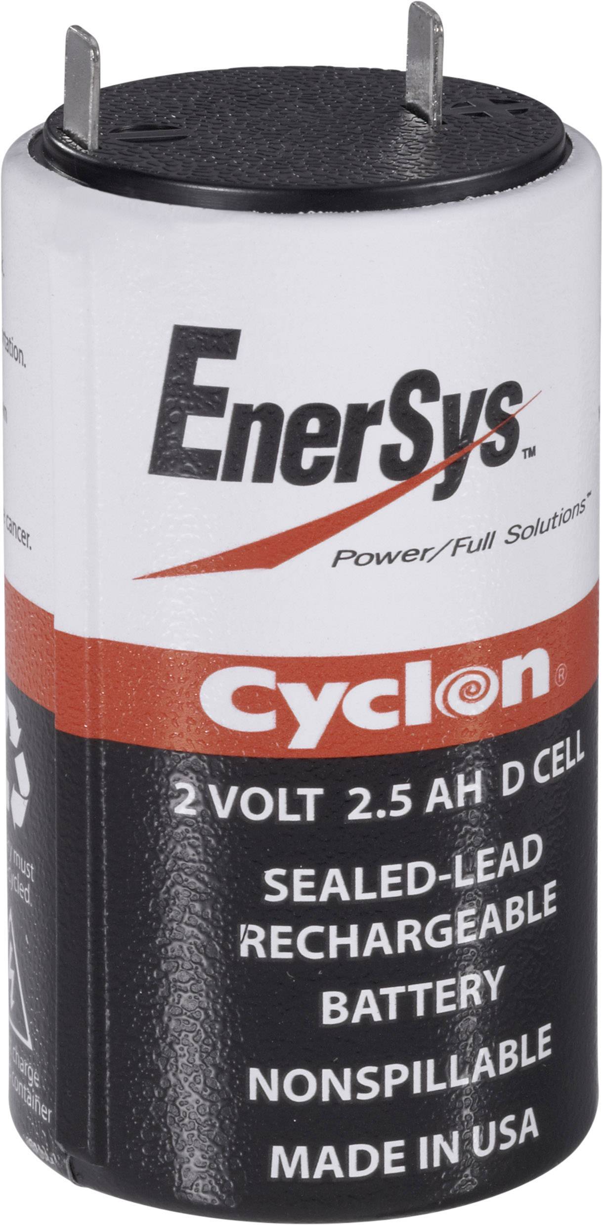 '2 Volt 2,5 Ah D-celle-batteri fra EnerSys, Cyclon-model, forseglet blybatteri, ikke væltbart, fremstillet i USA.'