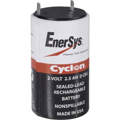 '2 Volt 2,5 Ah D-celle-batteri fra EnerSys, Cyclon-model, forseglet blybatteri, ikke væltbart, fremstillet i USA.'