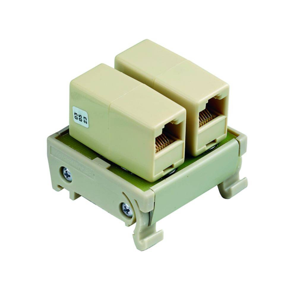 Dobbelt RJ45-netværksstik i beige med to tilslutninger, monterbar med skruer, til udvidelse af netværkssignaler.