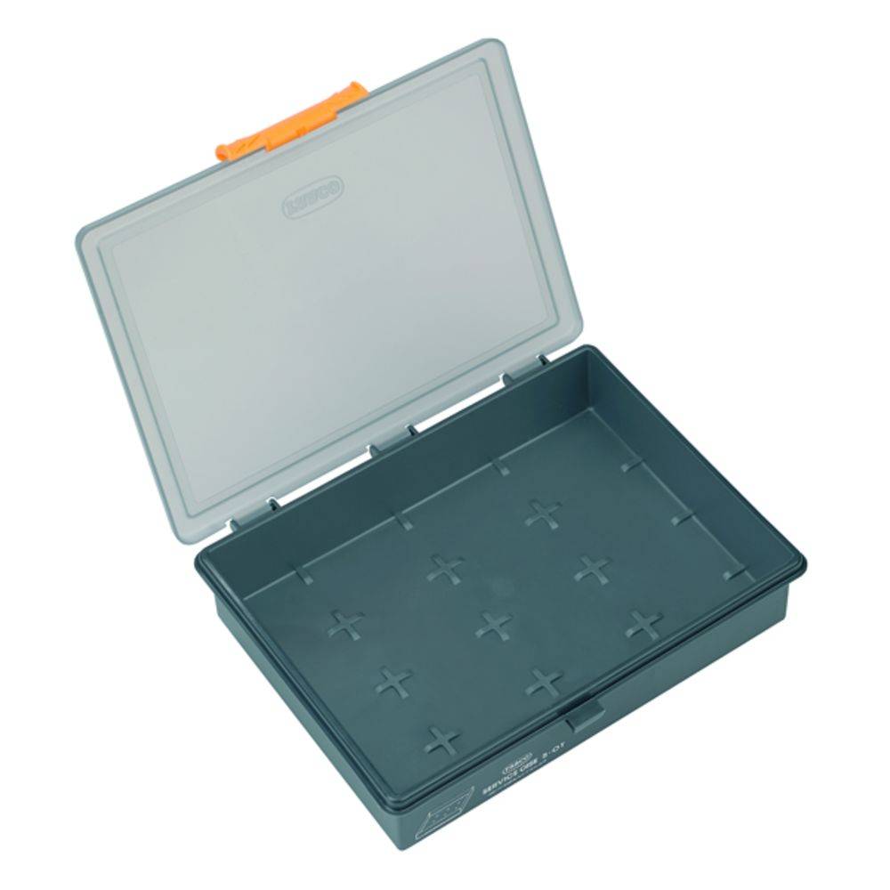 En åben, tom plastopbevaringsbox med grå låg og orange lukkemekanisme, egnet til opbevaring af mindre genstande.