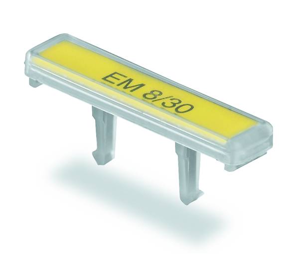 Plastikmarkering med påskriften 'EM 8/30', gul med klare kanter, egnet til mærkning af elfordelingskomponenter.
