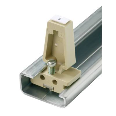 En plastikopholder med skrue monteret på en aluminiumsskinne. Bruges til fastgørelse og positionering på skinnen.