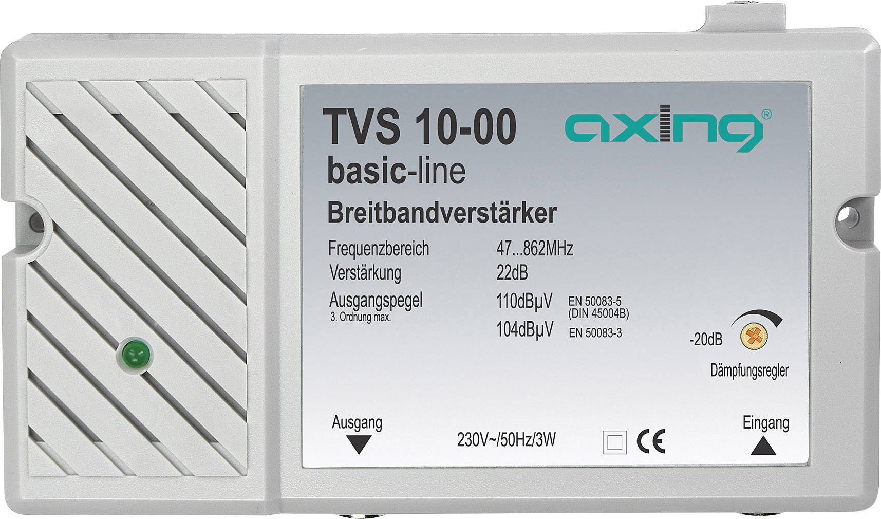TVS 10-00 Basic-Line Bredbåndsforstærker fra Axing med 47-862 MHz frekvensområde, 22 dB forstærkning og 230V~50Hz/3W effekt.
