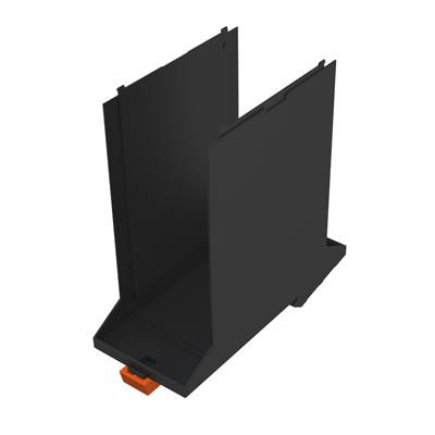 Sort plastikbeslag med orange clip ved basen, bruges til stabilisering eller fastgørelse af genstande.