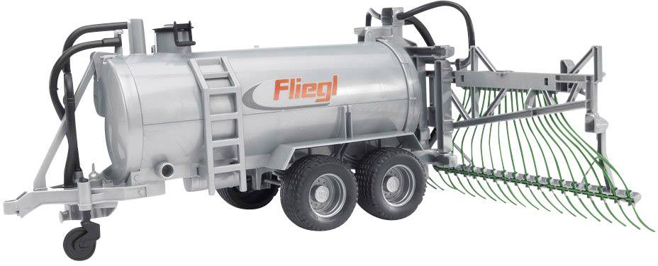 Grå gyllevogn med påskriften 'Fliegl', fire hjul og slanger, med sidemonteret fordelingsanordning.