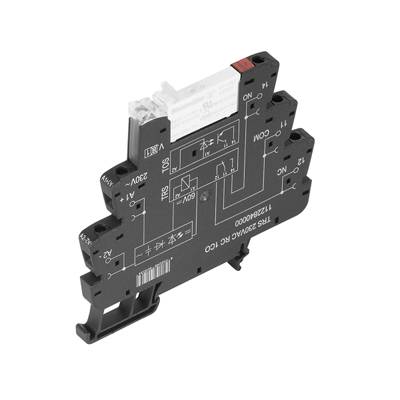 En sort elektrisk relæ med flere tilslutninger og hvide mærkninger, som viser tekniske detaljer og et kredsløbsdiagram.