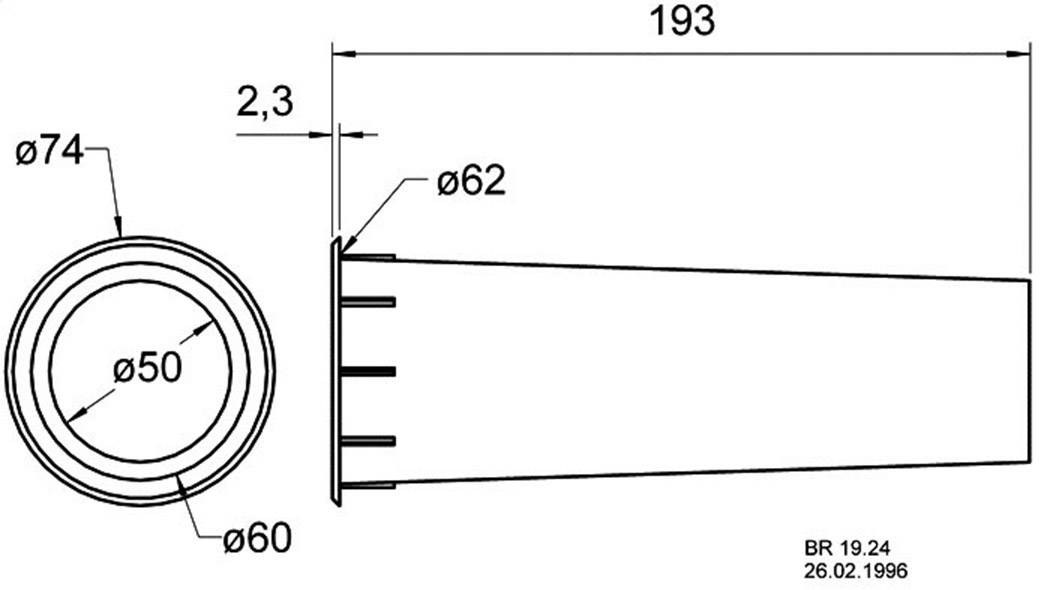 Teknisk tegning af et cylindrisk objekt med mål: Længde 193, Bredde 62, Diameter fortil 74/50, i siden 60, Datering 26.02.1996.