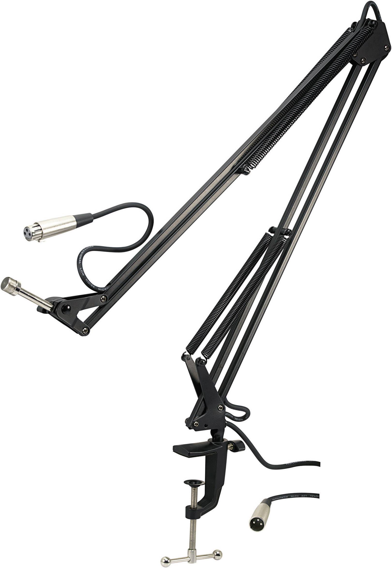 En sort, justerbar mikrofonarm med bordklemme. Velegnet til mikrofoner med XLR-stik, ideel til podcasts og optagelser.
