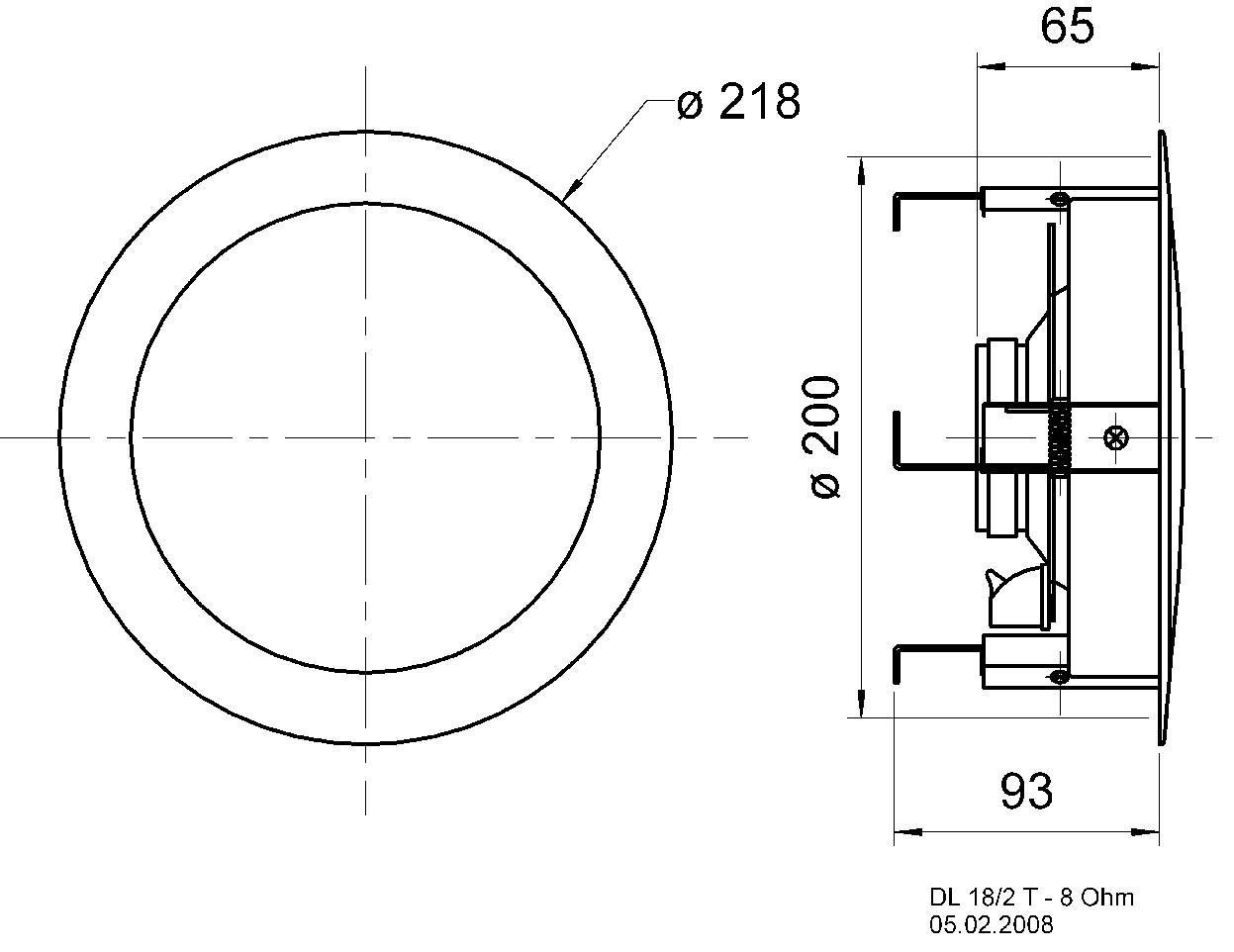 Teknisk tegning af en rund højttaler med mål: Samlet diameter 218 mm, indbygningsdiameter 200 mm, dybde 93 mm.