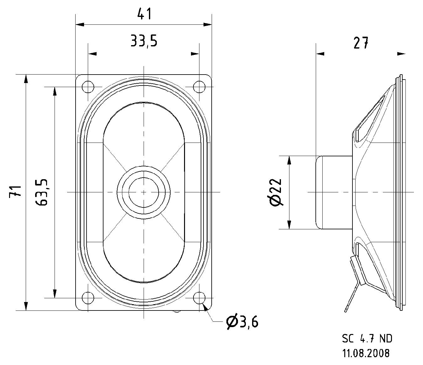 Teknisk tegning af en oval højttaler med dimensioner: Bredde 41 mm, højde 71 mm, dybde 27 mm. Front- og sidevisning.