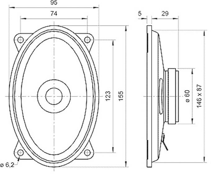 Teknisk tegning af en oval højttaler med dimensioner: Længde 146 mm, Bredde 87 mm, Dybde 29 mm. Set forfra og fra siden.