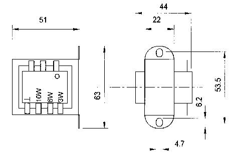 Teknisk tegning af en elektrisk stik med dimensioner: Bredde 51 mm, Højde 63 mm, Længde 22 mm. Fremstillet med front- og sidevisning.