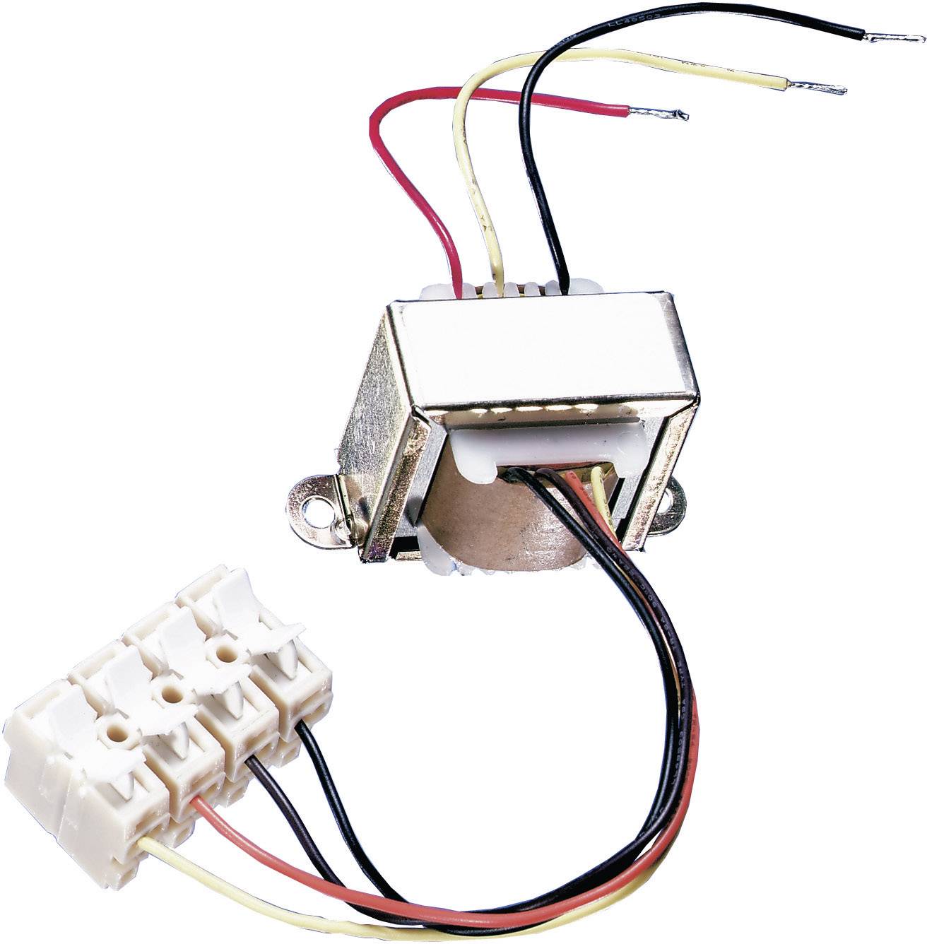 En elektrisk transformator med flere farvede ledninger og en hvid tilslutningsblok. Bruges til spændingskonvertering.