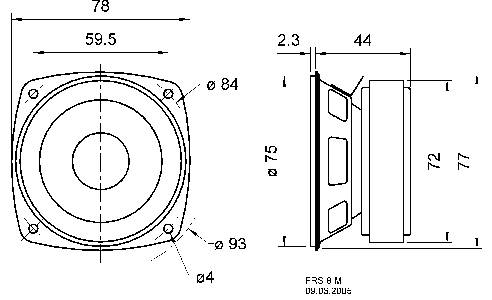 Teknisk tegning af en højtaler med mål: 78 mm bredde, 59,5 mm højde, 84 mm samlet diameter, 44 mm dybde.