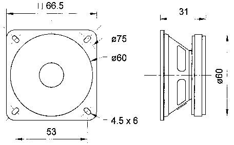 Teknisk tegning af en højttaler med angivelse af dimensioner: Frontvisning viser 75 mm diameter; sidevisning viser 31 mm dybde.