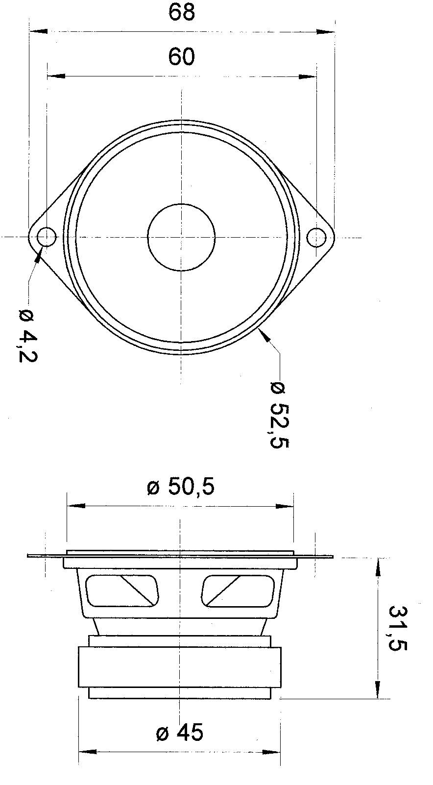 Teknisk tegning af en højtaler med mål: Frontdiameter 60 mm, højde 31,5 mm, monteringshul 42 mm.